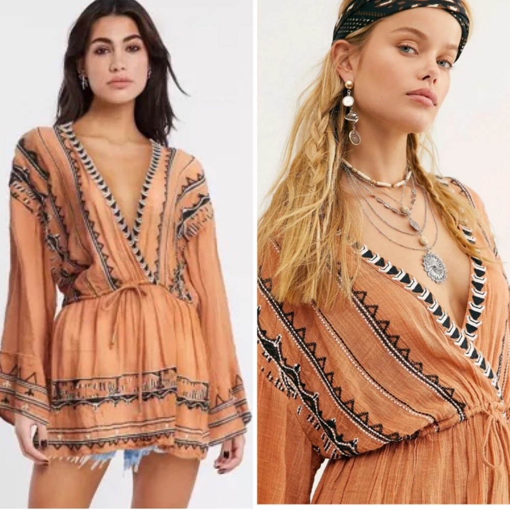 XS Free People Saffron Embroidered Tunic in Terracotta
